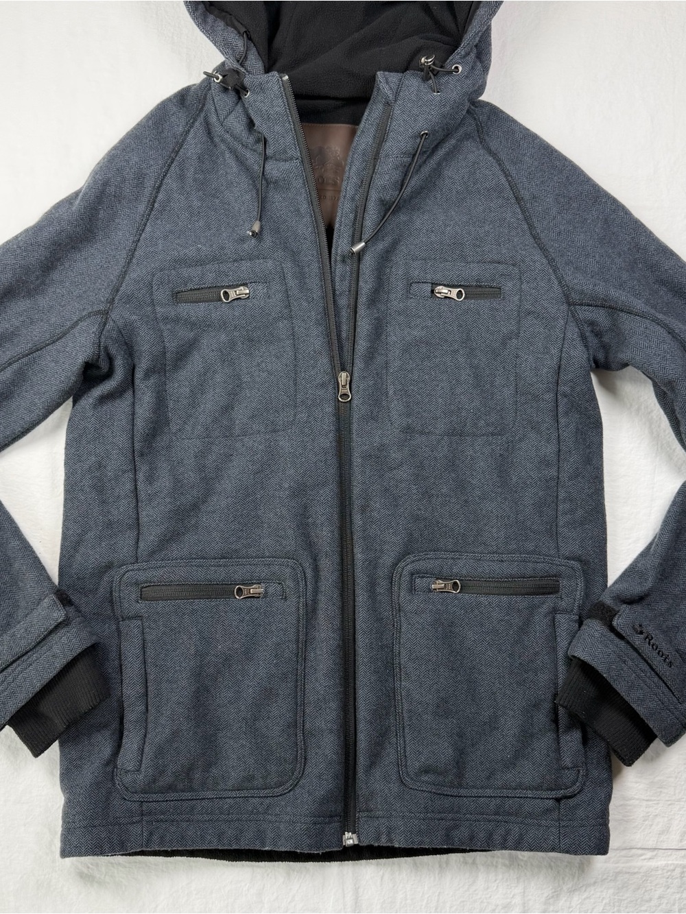 Roots Canada Herringbone Wool Blend Hooded Jacket S Gray Fleece Lined